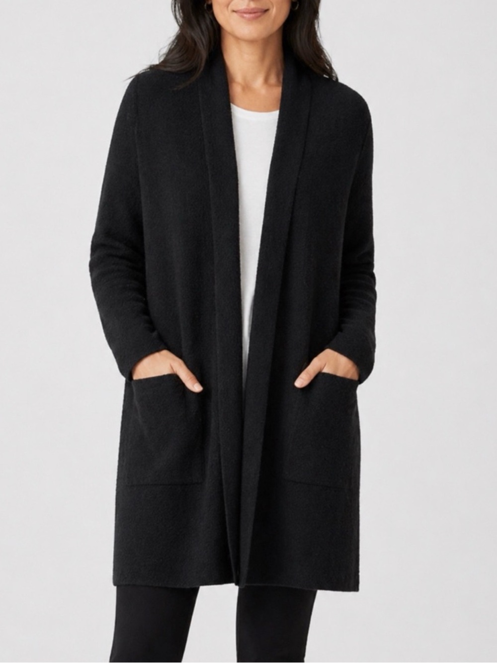Eileen Fisher Black Open Front Textured Long Cardigan XS R19WBO